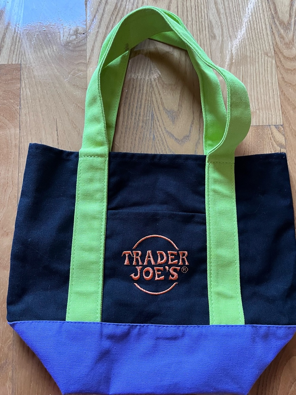 Trader Joe’s vintage Black & Green Canvas Tote Bag with Purple Base